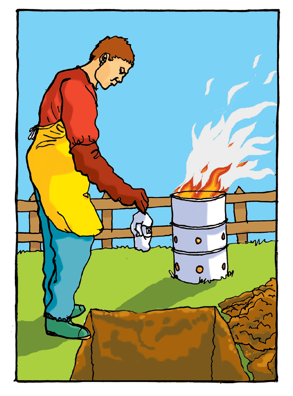 Reference illustration showing a pit and burning container; see warning above
